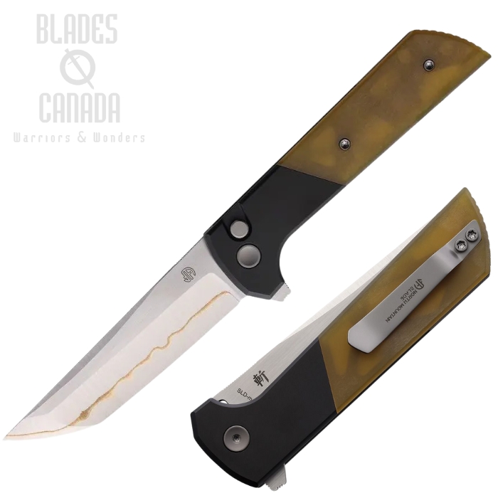 North Mountain Blde Chop 2 Flipper Button Lock Knife, Copper 5 Layer Wave Blade, Amber PEI/Aluminum, NMB2047UA5