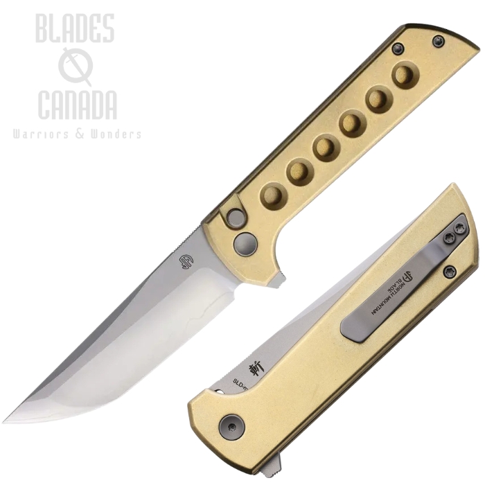 North Mountain Blade Chop 2 Flipper Button Lock Knife, SAN MAI, Aluminum Bronze w/Hole Cutouts, NMB2403B