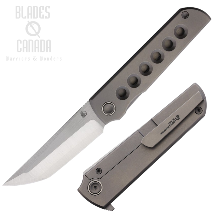North Mountain Blade Lee Kick Stop Framelock Folding Knife, ZDP-189 Satin, Titanium Grey, 2411KT-HOLE