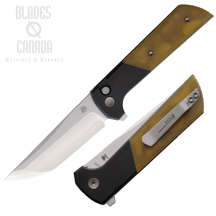 North Mountain Blade Chop 2 Flipper Button Lock Knife, San Mai Stainless, Amber PEI/Aluminum Black, NMB2047UA3