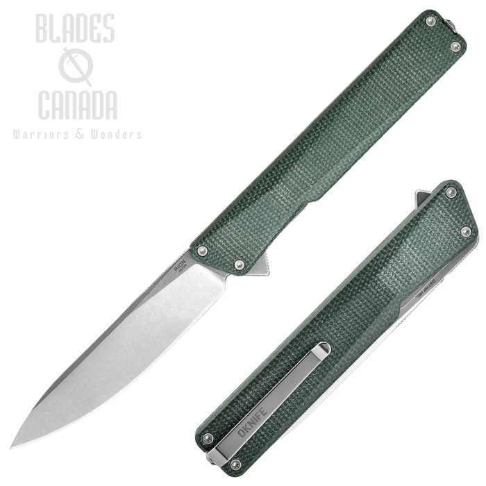 Oknife Aion Flipper Folding Knife, 14C28N Stonewash, Micarta Green, AIONGM