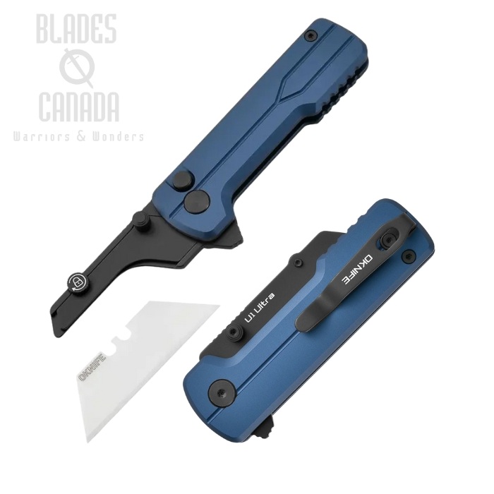 (image for) Oknife Otacle U1 Ultra Flipper Button Lock Folding Knife, Replaceable Blade, Aluminum Navy Blue, U1ULTRANB