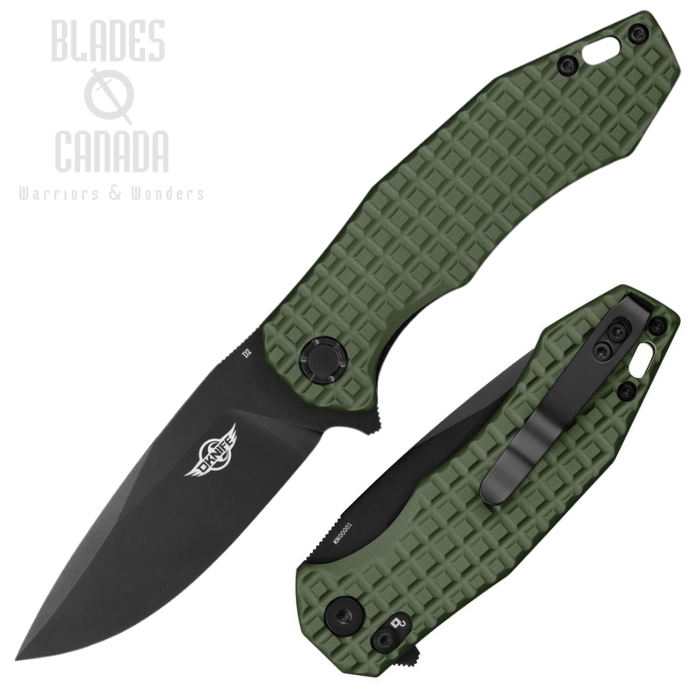 Oknife Spurdog Flipper Folding Knife, D2 Black, Aluminum OD Green Frag, SPURDOGODG