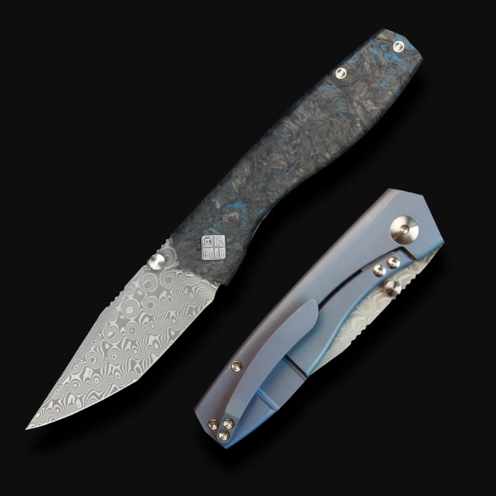 Ocaso Delos Framelock Folding Knife, Damascus, Carbon Fiber/Titanium, 12IBL