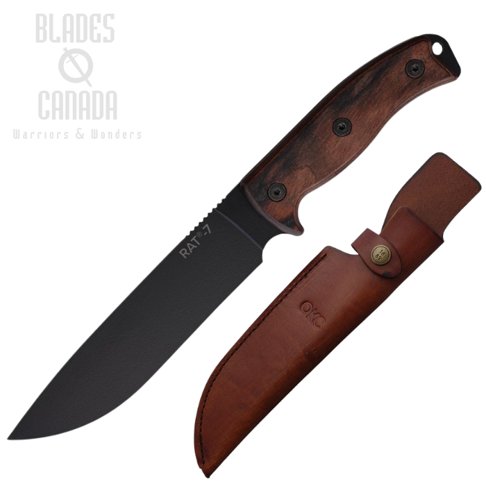 OKC RAT-7 Adventurer Fixed Blade Knife, Carbon Black, Wood Handle, Leather Sheath, ON8651