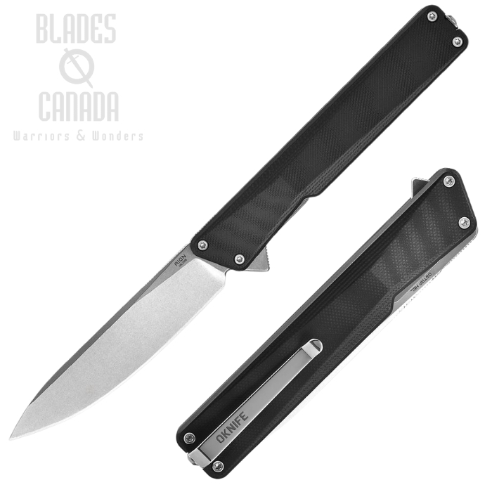 Oknife Aion Flipper Folding Knife, 14C28N Stonewash, G10 Black, AIONBLK