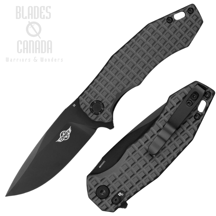 Oknife Spurdog Flipper Folding Knife, D2 Black, Aluminum Gunmetal Frag, SPURDOGGMG