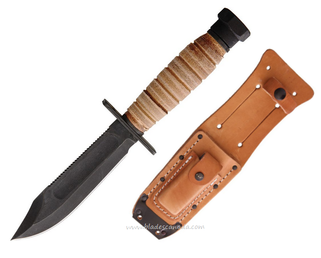 OKC 499 Survival Fixed Blade Knife, 1095HC Black, Leather Handle, Leather Sheath, ON6151TC