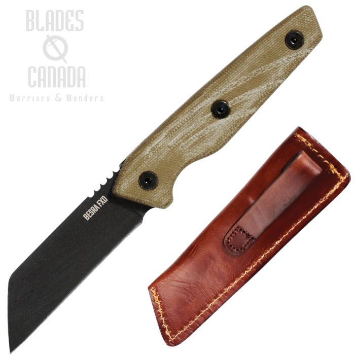 (image for) OKC Besra Fixed Blade Knife, 1075HC Black, Micarta Tan, Leather Sheath, ON9002