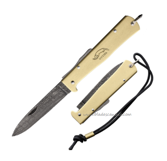 Otter-Messer Mercator Folding Knife, Damascus, Brass Handle, 10726D