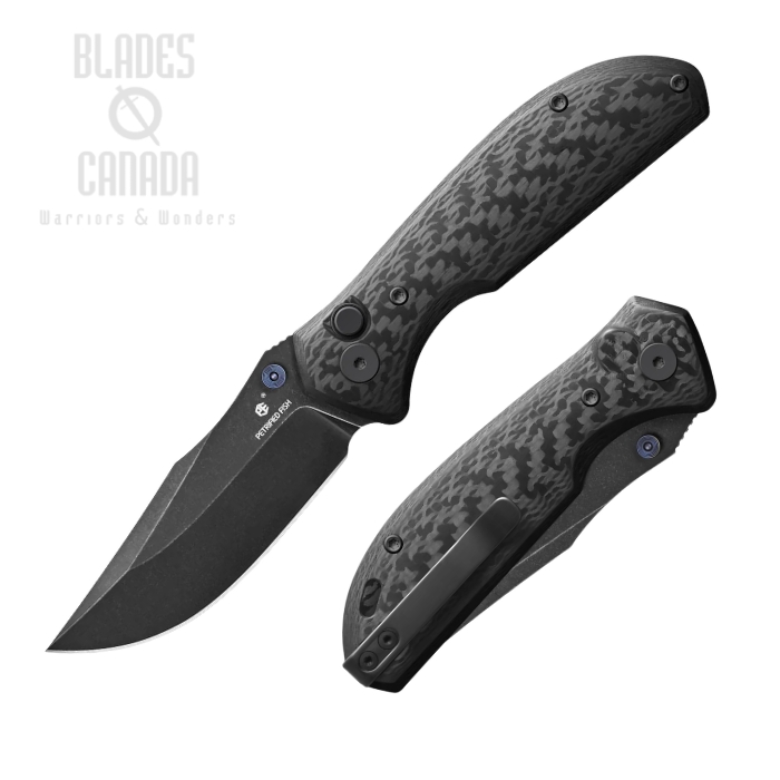 (image for) Petrified Fish Guppy Button Lock Folding Knife, N690 Black SW, Carbon Fiber Twill, PFE19CDW
