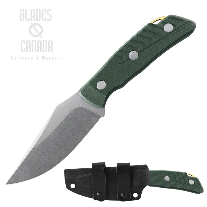 (image for) Petrified Fish Barracuda Fixed Blade Knife, N690 Stonewash, Micarta Green, Kydex Sheath, PFP16GRMW