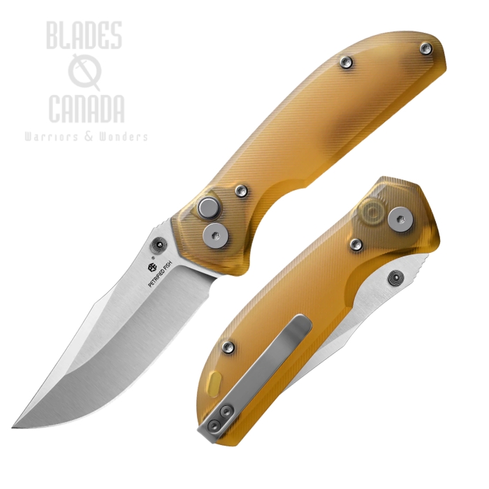 (image for) Petrified Fish Guppy Button Lock Folding Knife, N690 Satin, Ultem Handle, PFE19US