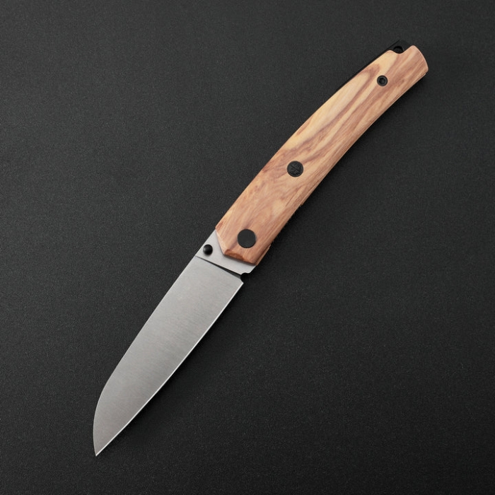Petrified Fish Patte V2 Folding Knife, 14C28N Satin, Olive Wood, PF719OWOS