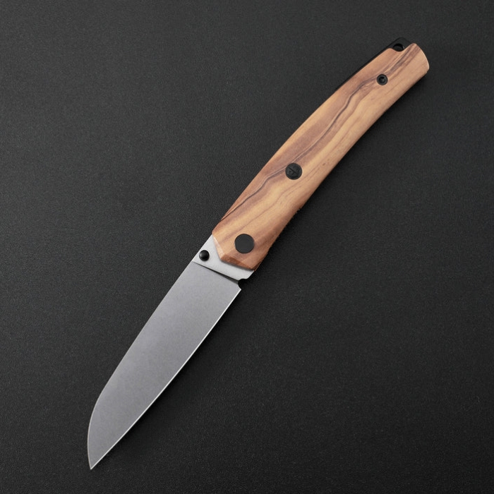Petrified Fish Patte V2 Folding Knife, 14C28N Stonewash, Olive Wood, PF719OWOW
