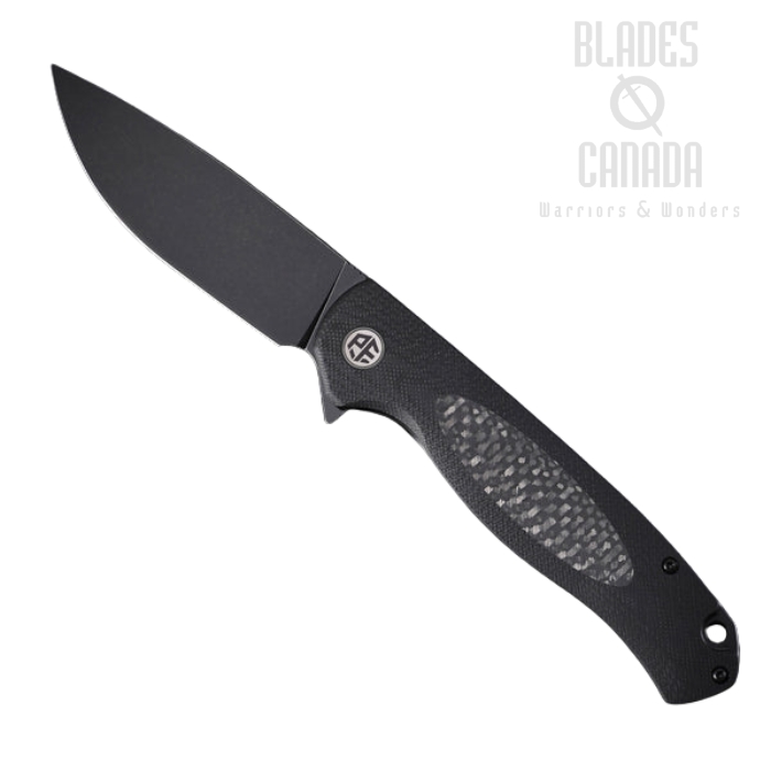 Petrified Fish Stamp Flipper Folding Knife, D2 Black SW, Carbon Fiber/G10 Black, PFB03DDW