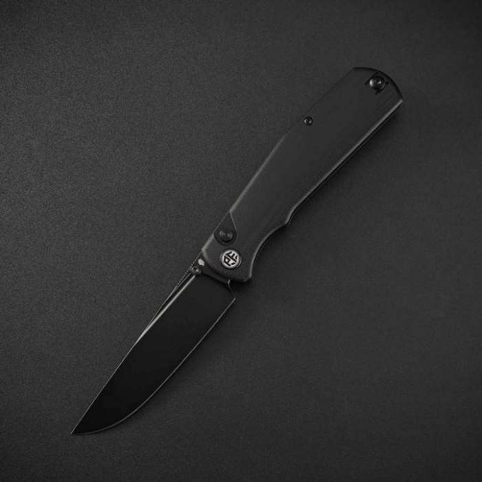 Petrified Fish Lis Button Lock Folding Knife, Black SW Blade, G10 Black, PFP14DDW