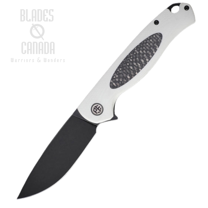 (image for) Petrified Fish Stamp Flipper Folding Knife, D2 Black SW, Carbon Fiber/G10 White, PFB03WDW