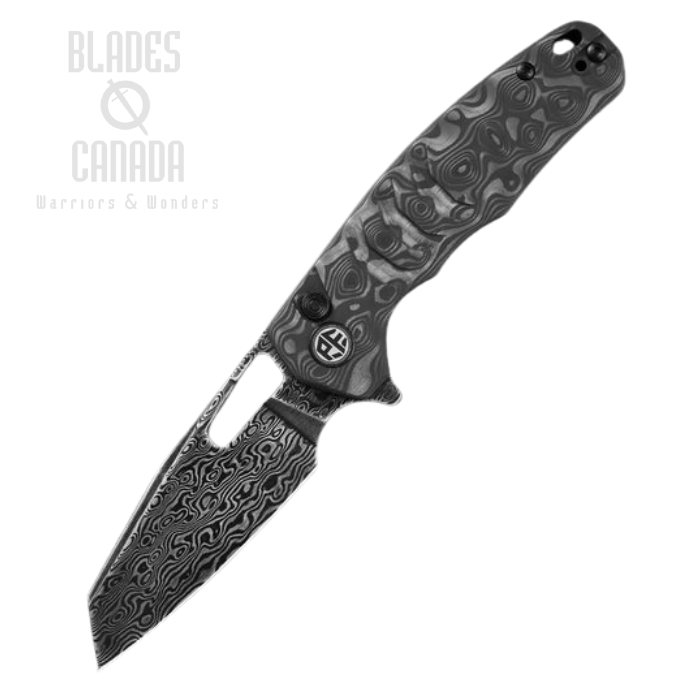(image for) Petrfied Fish Trilobite Flipper Button Lock Folding Knife, 14C28N Damascus, Carbon Fiber, PFE17CDDM