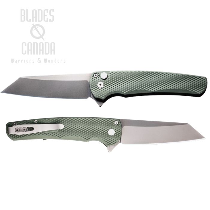 (image for) Pro-Tech Malibu Flipper Button Lock Folding Knife, MagnaCut Grey, Aluminum Green, 5406-SG Green