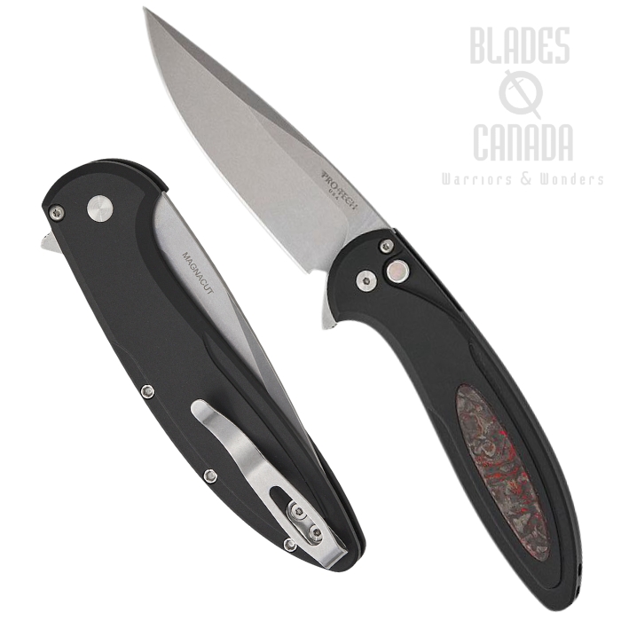 Pro-Tech Cambria Flipper Button Lock Knife, MagnaCut SW, Aluminum Black/CF Red, CF2101