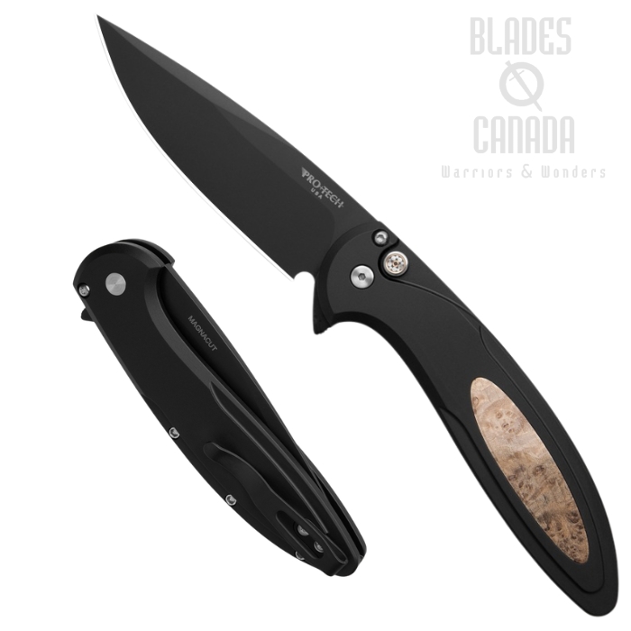 Pro-Tech Cambria Flipper Button Lock Knife, MagnaCut Black, Aluminum Maple Burl, CF2103-LTD Maple