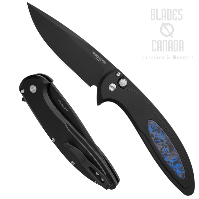 Pro-Tech Cambria Flipper Button Lock Folding Knife, MagnaCut Black, Aluminum Black/CF Blue, CF2103