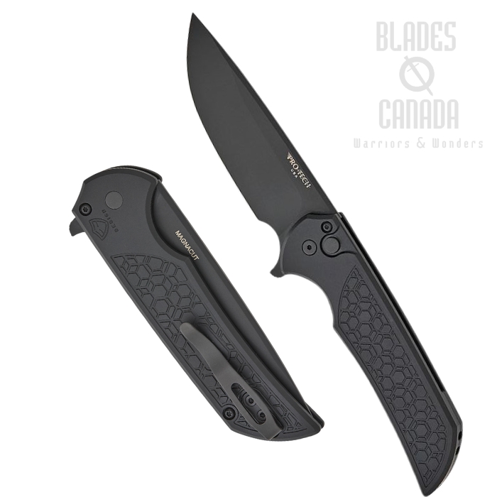 Pro-Tech Mordax Flipper Button Lock Knife, CPM MagnaCut Black, Aluminum Black Textured, MX106-Gridlock