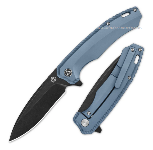QSP Woodpecker Framelock Folding Knife, M390 Black Stonewashed, Titanium Blue, QS116-C2 II