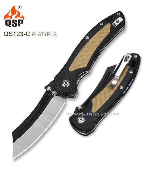 QSP Platypus Folding Knife, 14C28N Sandvik, G10 Black/Tan, QS123-C