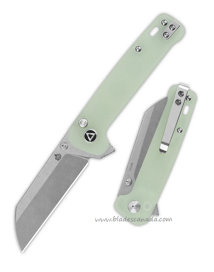 QSP Penguin Flipper Button Lock Knife, 14C28N Stonewash, G10 Jade, QS130BL-B1