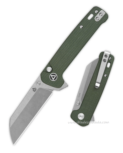 QSP Penguin Flipper Button Lock Knife, 14C28N Stonewash, Micarta Green, QS130BL-C1