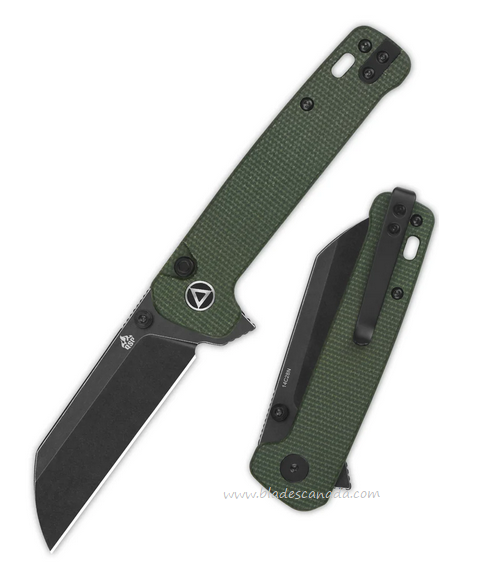 QSP Penguin Flipper Button Lock Knife, 14C28N Black, Micarta Green, QS130BL-C2