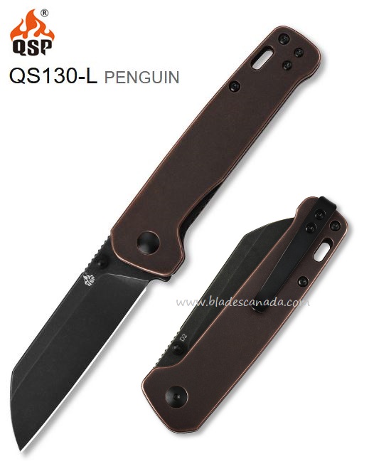 QSP Penguin Folding Knife, D2 Black SW, Copper Handle, QS130-L