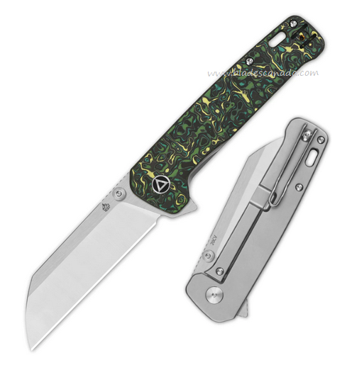 QSP Penguin Plus Flipper Framelock Knife, 20CV Satin, Carbon Fiber Yellow & Green/Titanium, QS130XL-F1