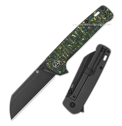 QSP Penguin Plus Flipper Framelock Knife, 20CV Black Stonewash, Carbon Fiber Yellow & Green, Titanium Black, QS130XL-F2