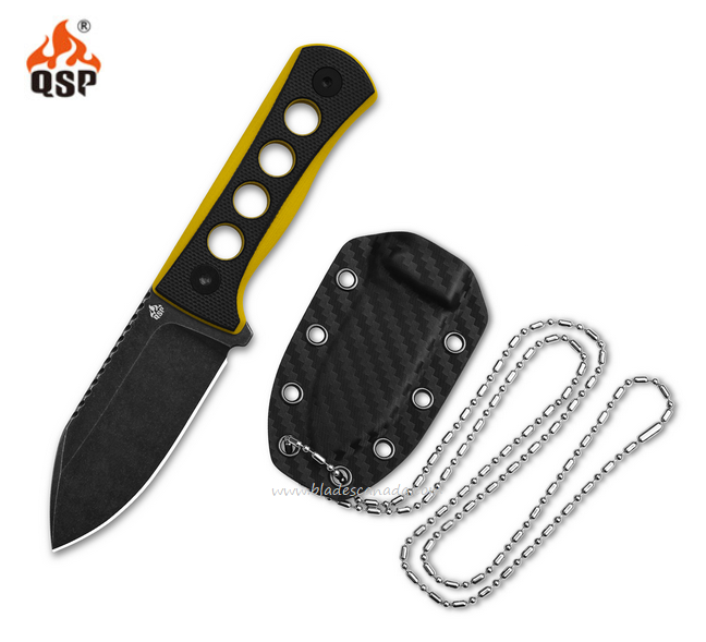 QSP Canary Fixed Blade Neck Knife, 14C28N Black, G10 Black/Yellow, 141-A2