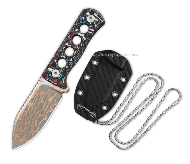 QSP Canary Fixed Blade Neck Knife, Brass Copper Damascus, Carbon Fiber Red & Blue, QS141-H