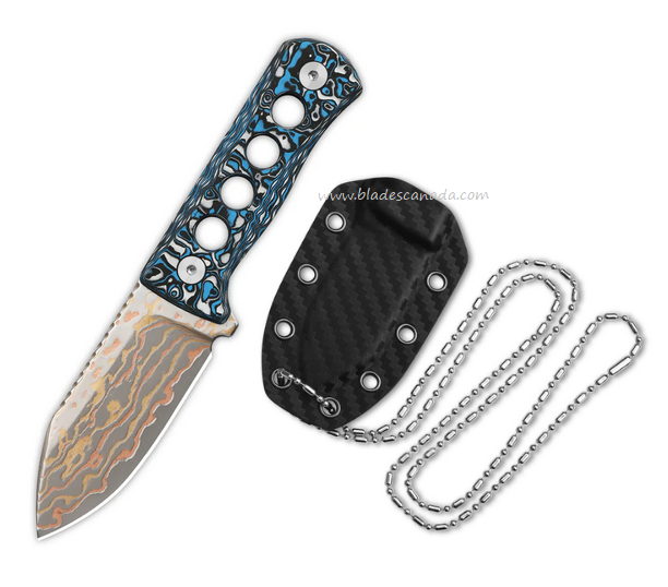 QSP Canary Fixed Blade Neck Knife, Brass Copper Damascus, Carbon Fiber White/Blue, QS141-G