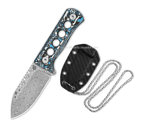 QSP Canary Fixed Blade Neck Knife, Laminated Damascus, Carbon Fiber Black/Blue, QS141-I