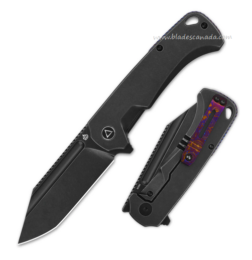 QSP Rhino Flipper Framelock Knife, M390 Black SW, Titanium Black w/Mokuti Clip, QS143-B