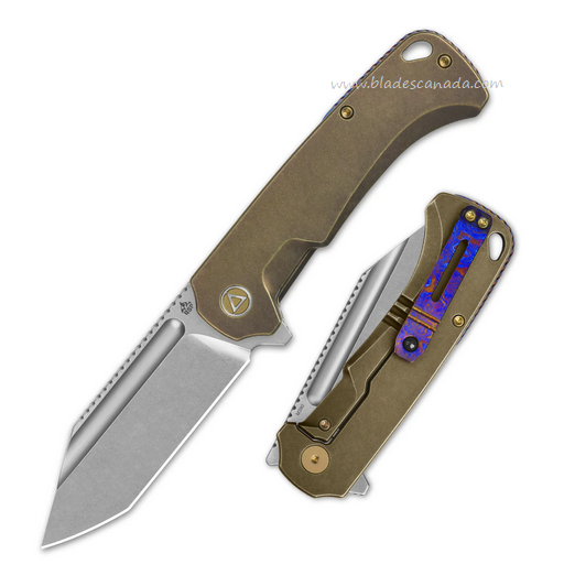 QSP Rhino Flipper Framelock Knife, M390 Satin, Titanium Bronze w/Mokuti Clip, QS143-D