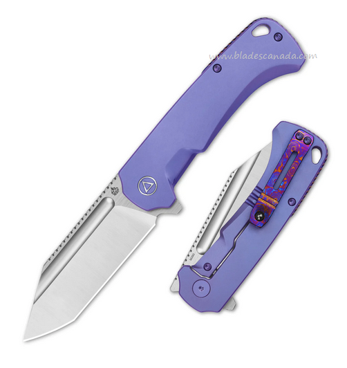 QSP Rhino Flipper Framelock Knife, M390 Satin, Titanium Purple w/Mokuti Clip, QS143-C