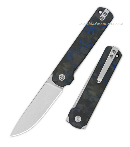 QSP Lark Flipper Folding Knife, 14C28N Satin, Blue Shredded Carbon Fiber/G10, QS144-E