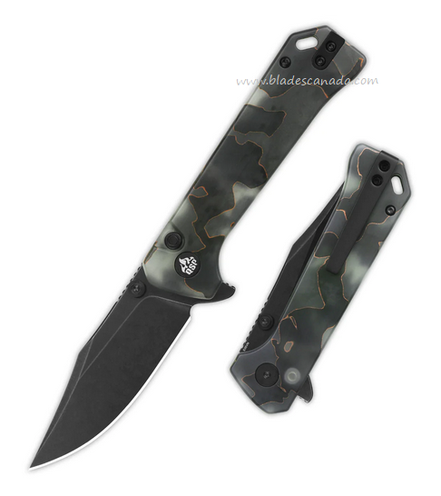 QSP Grebe Flipper Button lock Knife, S35VN Black SW, Resin Raffir Glow in the Dark, QS147-E2