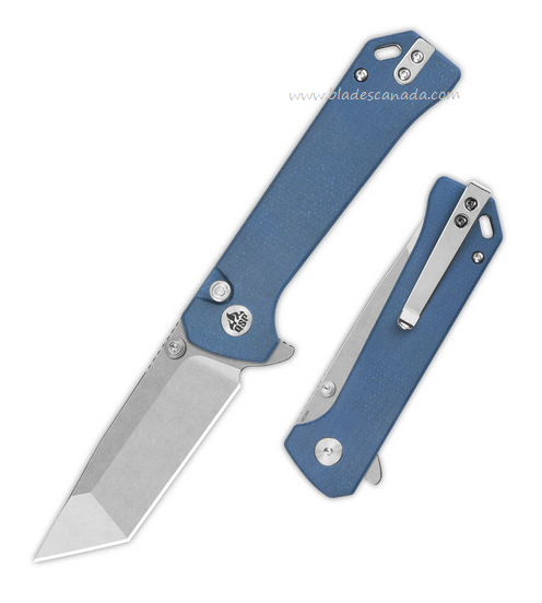 QSP Grebe T Flipper Button Lock Knife, 14C28N SW, Micarta Blue, QS148-B1