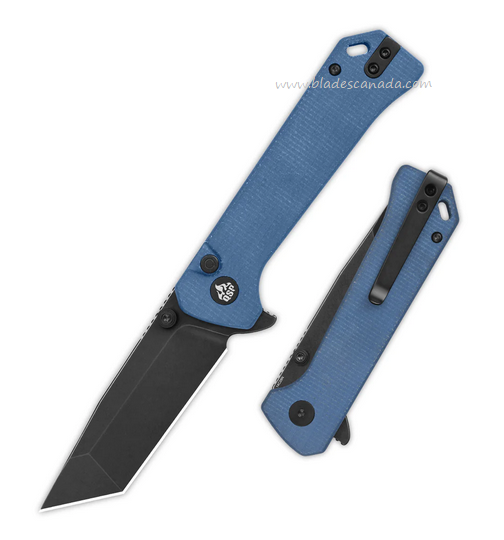 QSP Grebe T Flipper Button Lock Knife, 14C28N Black SW, Micarta Blue, QS148-B2