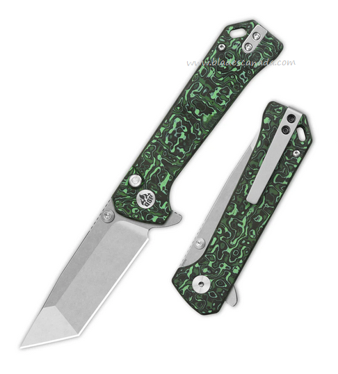 QSP Grebe T Flipper Button Lock Knife, S35VN SW, Carbon Fiber Green, QS148-G1