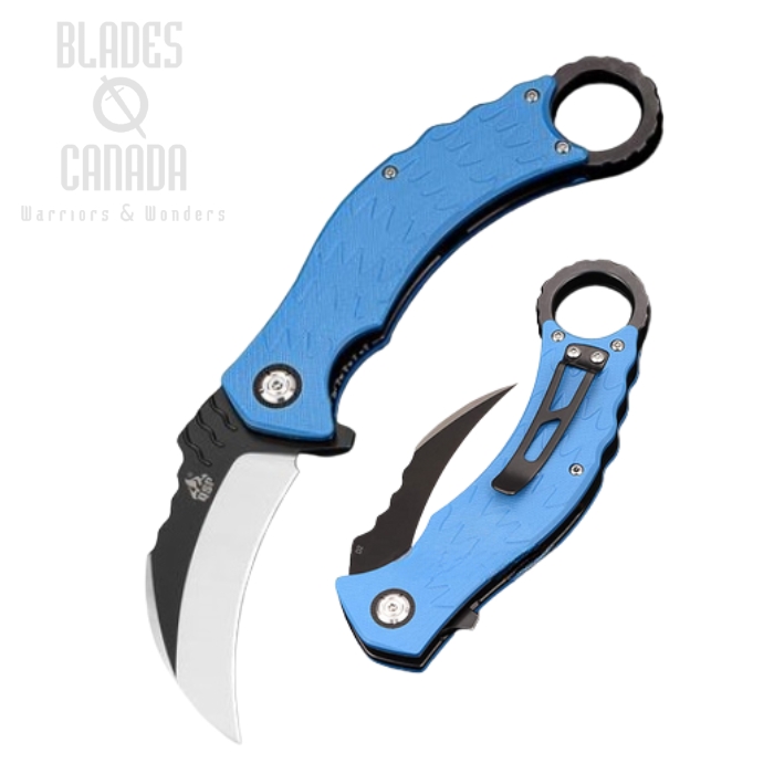 QSP Eagle Karambit Flipper Folding Knife, D2 Two-Tone, G10 Blue, QS120-D