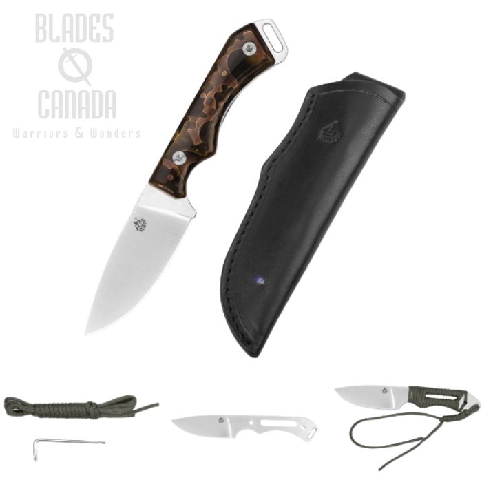 QSP Workaholic Fixed Blade Knife, N690, Raffir Noble Bronze Moon, Leather Sheath, QS124-C